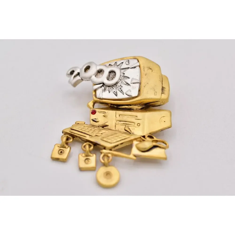 Danecraft Y2K 2000 Computer Brooch Gold Silver Dangle Charm Pin NOS 90s PinA25